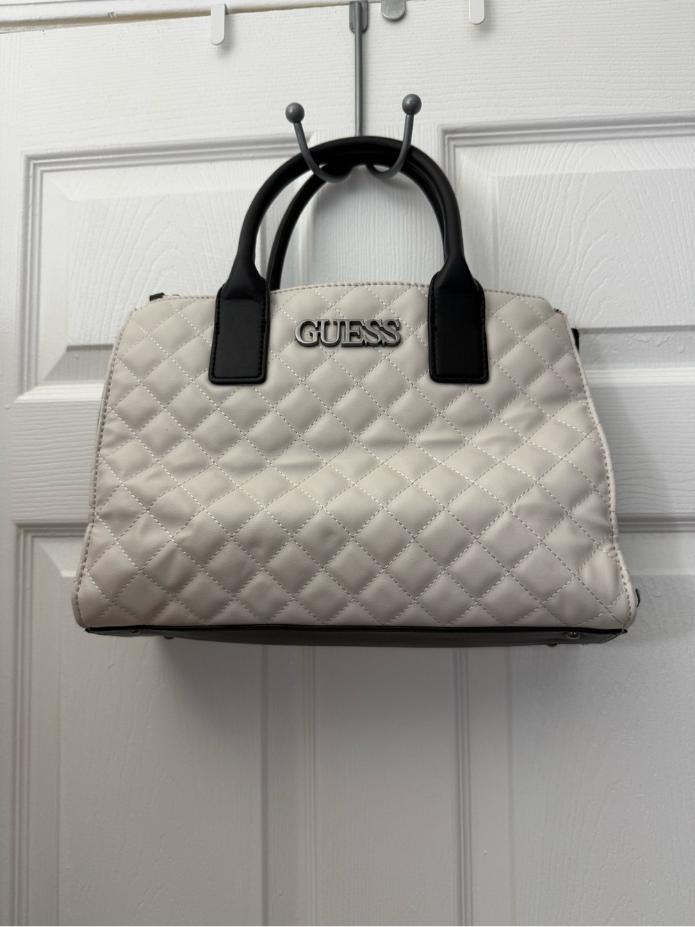 GUESS Cream Quilted Satchel with Black Handles